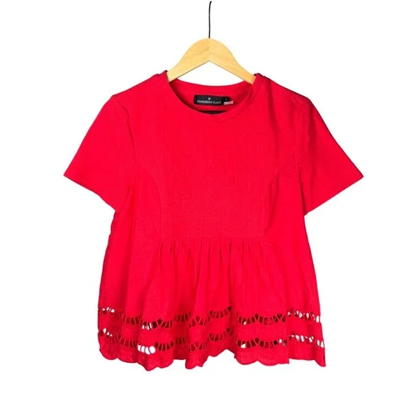 Pomander Place Red Eyelet Peplum T Shirt Women's Size S Short Sleeve Casual Top - Picture 2 of 8
